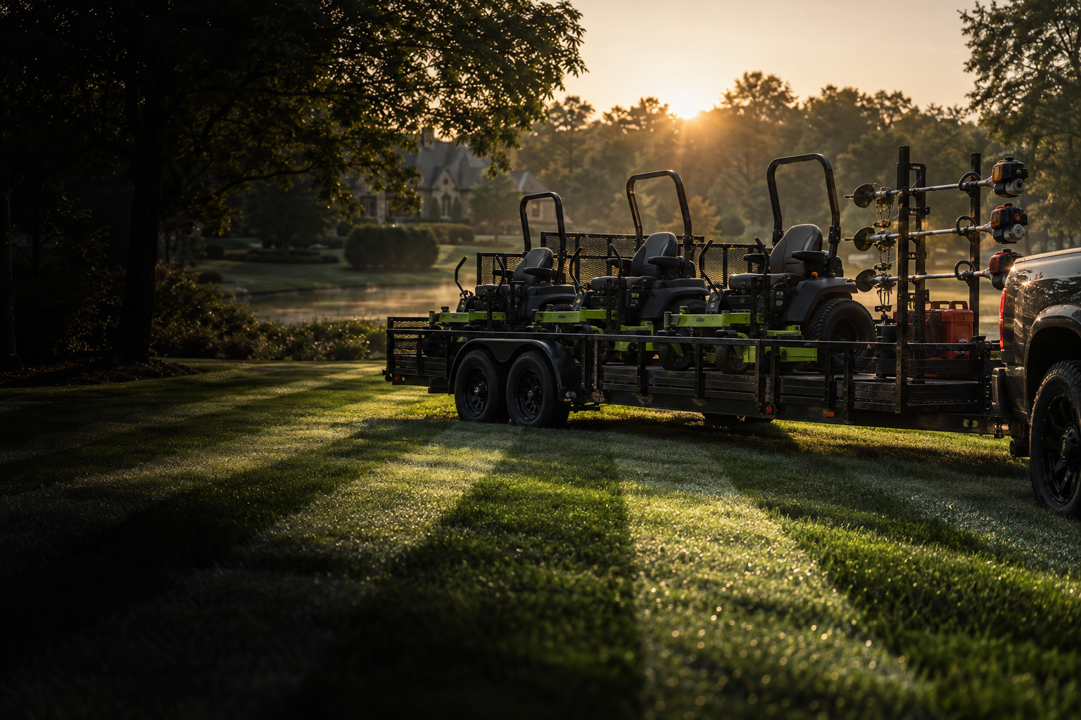 A trailer loaded with three commercial zero-turn mowers and a trimmer rack, parked on a freshly striped lawn at sunrise.
